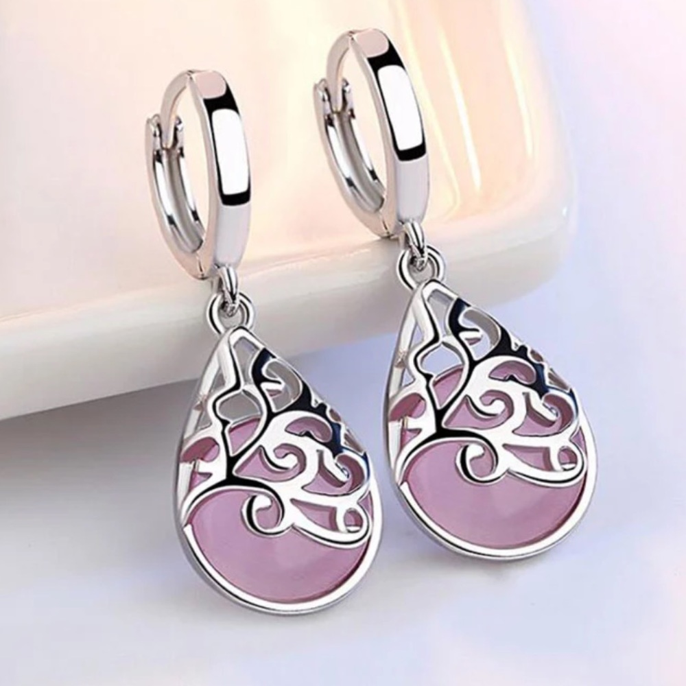 925 Sterling Silver Pink Opal Tears Drop Earrings - Picture 1 of 4